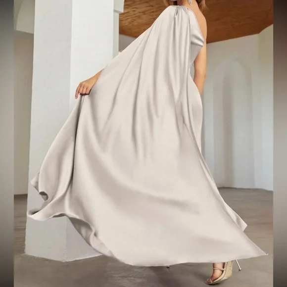 Luxe one shoulder party formal evening wedding prom satin dress